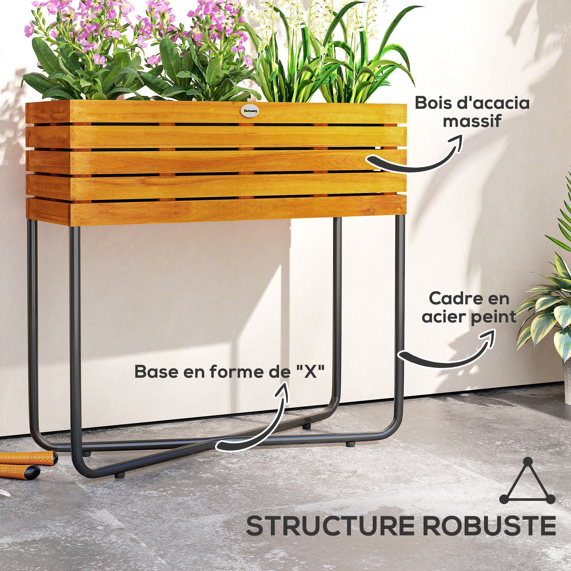 cache pot rectangulaire sur pied en bois
