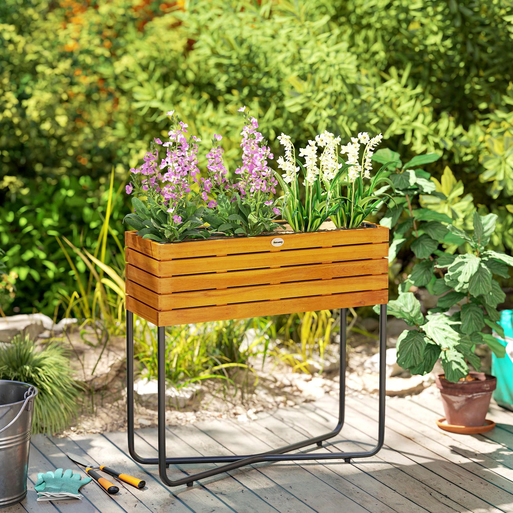 cache pot rectangulaire sur pied en bois