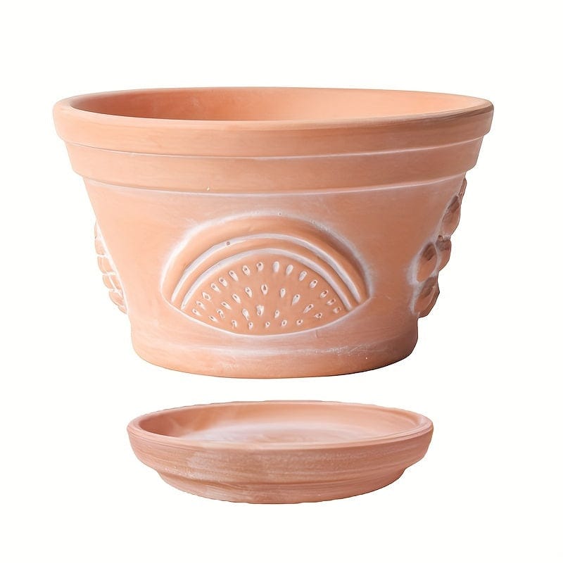 cache pot sculpture en terre cuite 1 / Pot + Soucoupe
