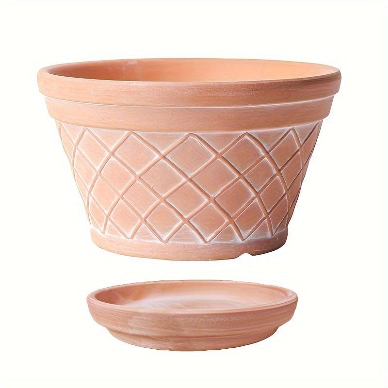 cache pot sculpture en terre cuite 3 / Pot + Soucoupe