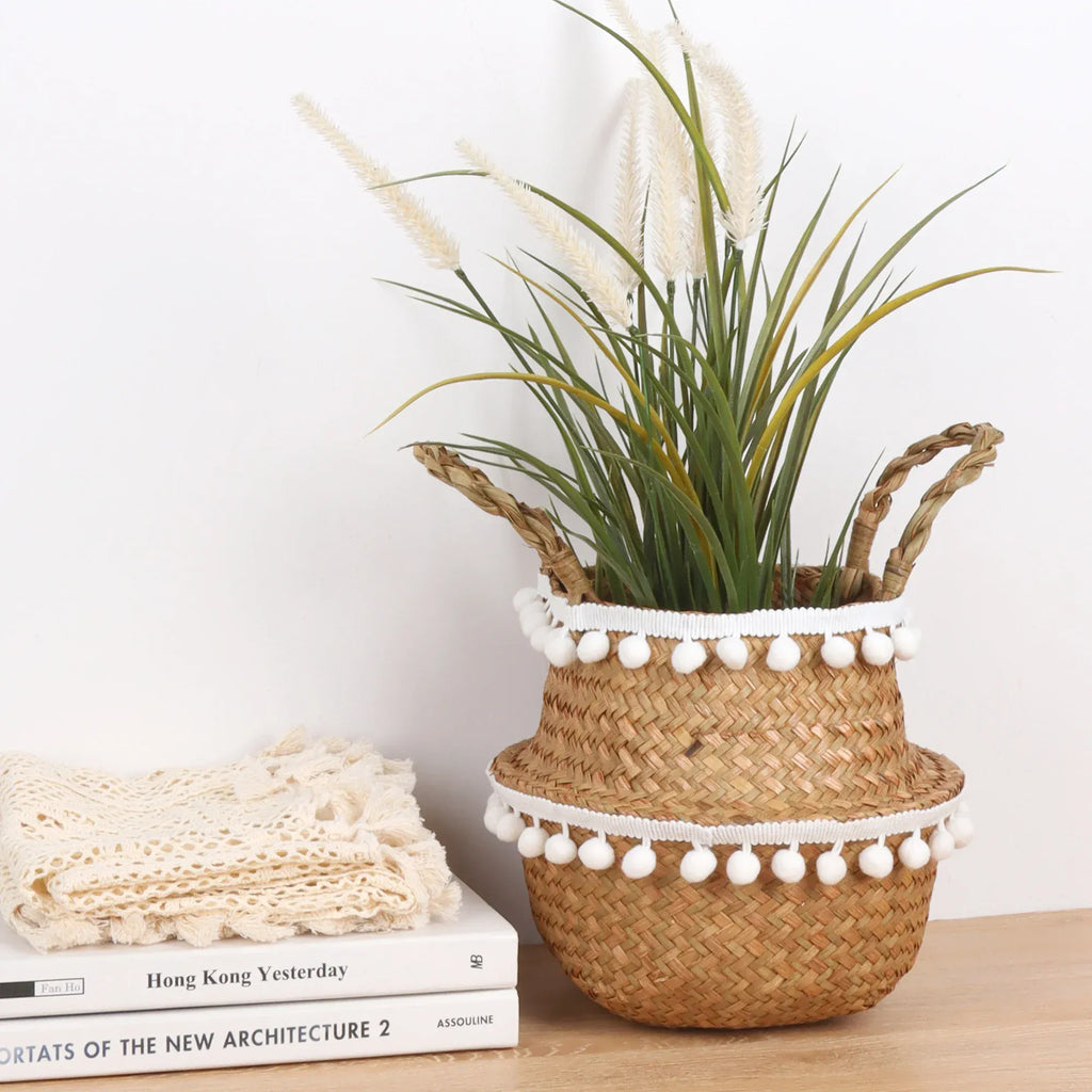 panier en osier cache pot avec franges