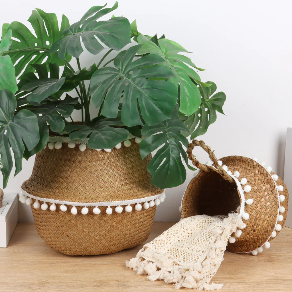 panier en osier cache pot avec franges